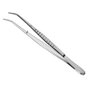 Stainless steel London College dental tweezers featuring smooth angled beak tips, a central alignment pin, and a deeply corrugated ribbed handle on a solid white background.