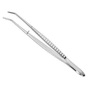 Stainless steel London College dental tweezers featuring fine cross-serrated angled beak tips, a built-in guide alignment pin, and an ergonomic ribbed grip handle on a solid white background.