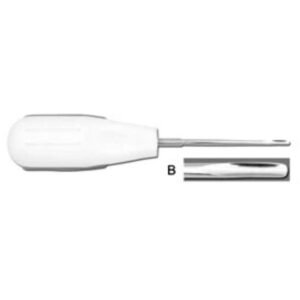A dental root elevator with a thick, white ergonomic handle and a long stainless steel shaft. A magnified inset box labeled B shows a close-up of the smooth, concave blade tip.