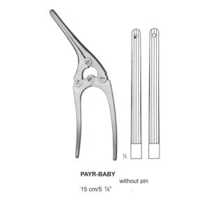 Medical catalog graphic from 21.jpg showing a stainless steel Payr-Baby intestinal clamp without a pin, measuring 15 cm long, detailing its multi-joint lever handle system and an up-close cross-section view of its long, longitudinally grooved jaws.