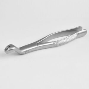 Professional medical-grade stainless steel lower molar extraction forceps Fig. 73 with a textured ergonomic grip handle as shown in 21.jpg.