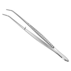 Stainless steel London College dental tweezers featuring finely serrated angled beak tips, a central guide alignment pin, and an ergonomic wavy ribbed grip handle on a solid white background.