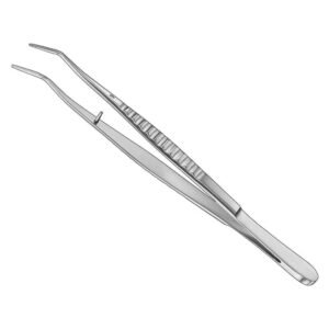 Stainless steel London College dental tweezers featuring precision smooth angled beak tips, an integrated alignment pin, and an ergonomic wavy ribbed grip handle on a solid white background.