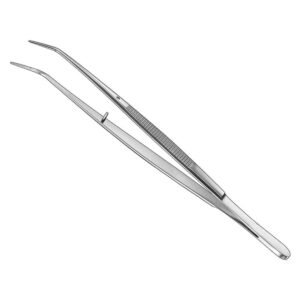 Stainless steel London College dental tweezers featuring smooth angled beak tips, a slide-locking mechanism bar, and an ergonomic wavy ribbed grip handle on a solid white background.