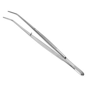 Stainless steel London College dental tweezers featuring precision grooved angled beak tips, a central alignment pin, and an ergonomic ribbed handle on a solid white background.
