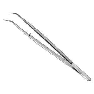 Stainless steel London College dental tweezers featuring precision curved beak tips, an integrated alignment guide pin, and a sleek flat smooth handle surface on a solid white background.