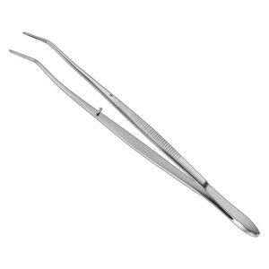 Stainless steel London College dental tweezers featuring precision curved beak tips, an integrated alignment guide pin, and a handle with a fine horizontally ribbed grip patch on a solid white background.