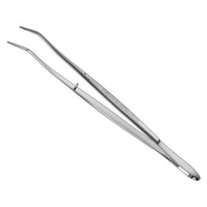 Stainless steel London College dental tweezers displaying angled beak tips, a central alignment guide pin, and a handle accented with a localized ribbed grip section on a solid white background.