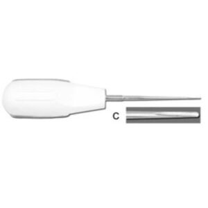 A dental root elevator with a thick, white ergonomic handle and a slender stainless steel shaft. A magnified inset box labeled C provides a close-up of the thin, tapered concave tip.