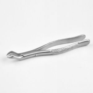 Medical-grade stainless steel lower molar extraction forceps Fig. 73S with a textured ergonomic grip handle as shown in 22.jpg.