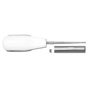 A dental root elevator with a large, white ergonomic handle and a slender stainless steel shaft. A magnified inset box labeled E shows a close-up of the smooth, concave working tip.