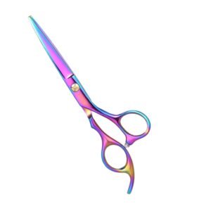 Professional stainless steel hair cutting shears completely coated in a vibrant, reflective rainbow multi-color titanium finish shifting between purple, pink, blue, and gold, featuring a flat gold tension pivot screw, an integrated curved finger rest, and a translucent bumper silencer, shown in 26.jpg against a clean white background.