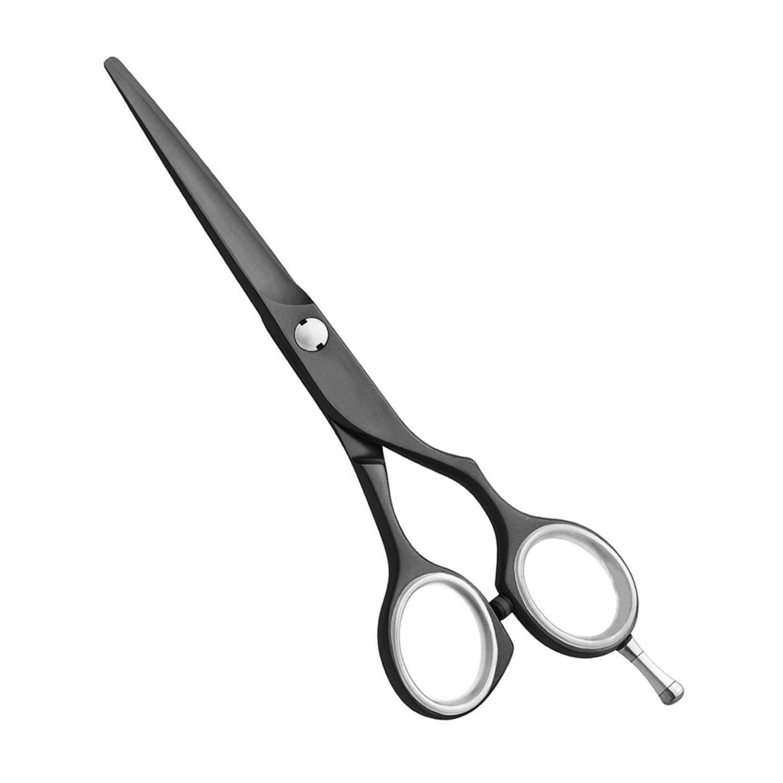 Professional stainless steel hair cutting shears featuring a sleek matte black coated finish, a flat silver tension pivot screw, removable white rubber finger inserts inside the handle loops, a polished silver screw-in finger rest, and a black bumper silencer, shown in 27.jpg against a clean white background.