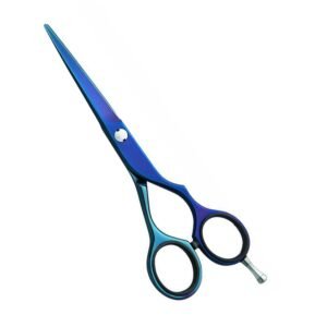 Professional stainless steel hair cutting shears completely coated in a reflective metallic titanium finish shifting between vibrant royal blue, deep purple, and teal accents, featuring a flat silver tension pivot screw, black rubber comfort finger inserts inside the loops, a polished silver screw-in finger rest, and a black bumper silencer, shown in 28.jpg against a clean white background.
