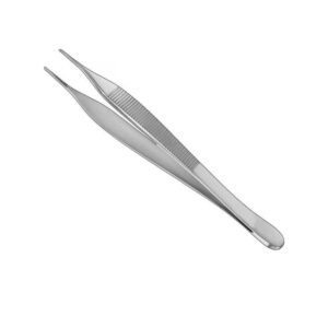 Stainless steel Semken dental tweezers featuring ultra-fine straight pointed tips and a wide corrugated ribbed handle tapers down to a sleek base on a solid white background.