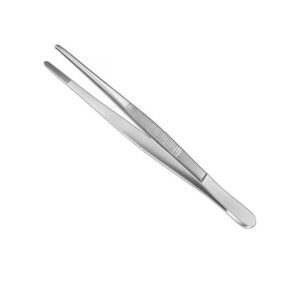 Stainless steel Semken tissue forceps featuring 1x2 interlocking teeth at the straight pointed tips and a wide corrugated ribbed grip handle on a solid white background.