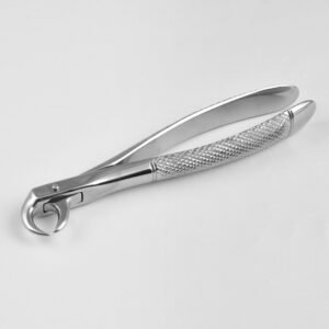 Professional medical-grade stainless steel lower molar cow-horn extraction forceps with a textured ergonomic grip handle as shown in 29.jpg.