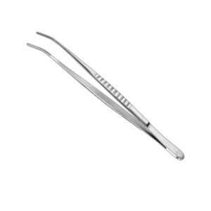 Stainless steel Meriam dental tweezers featuring a long narrow design with curved serrated tips and a corrugated ribbed handle on a solid white background.