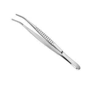 Stainless steel College dental tweezers featuring curved serrated tips and a corrugated ribbed handle on a solid white background.
