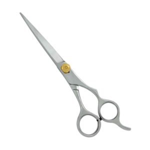 Professional stainless steel hair cutting shears featuring a high-polish metallic finish, a raised gold-colored knurled adjustment tension screw dial, an integrated curved finger rest tang, and a black rubber bumper silencer between the handles, shown in 3.jpg against a clean white background.