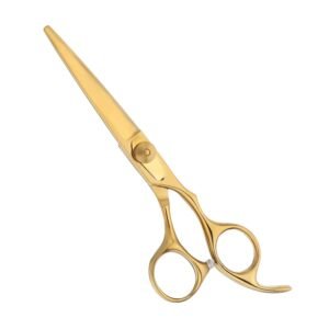 Professional stainless steel hair cutting shears completely coated in a luxury reflective gold titanium finish, featuring an adjustable gold tension control knob, an integrated curved finger rest tang, and a translucent rubber bumper silencer, shown in 30.jpg against a solid white background.
