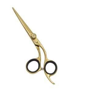 Professional stainless steel hair cutting shears completely coated in a premium matte satin gold titanium finish, featuring a knurled gold adjustment tension knob, thick black rubber comfort inserts inside the handle loops, an integrated curved finger rest tang, and a translucent bumper silencer, shown in 31.jpg against a clean white background.