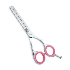 Professional stainless steel hair thinning shears featuring an ergonomic offset handle design, a single serrated blade with precision texturizing teeth, a smooth silver tension pivot screw, removable pink rubber comfort inserts inside the handle loops, a matching silver screw-in finger rest tang, and a hot pink bumper silencer, shown in 33.jpg against a clean white background.