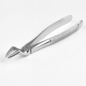 Professional medical-grade stainless steel lower root extraction forceps Fig. 46L featuring a textured ergonomic grip handle as shown in 33.jpg.