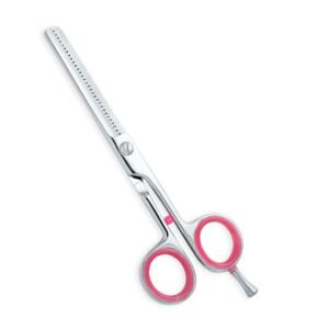 Professional stainless steel hair thinning shears featuring a single serrated blade with precision texturizing teeth, a smooth silver tension pivot screw, removable pink rubber comfort inserts inside the handle loops, a matching silver screw-in finger rest tang, and a hot pink bumper silencer, shown in 34.jpg against a clean white background.