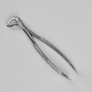 Professional medical-grade stainless steel lower molar extraction forceps featuring a Physick-style beak and textured ergonomic handle as shown in 34.jpg.