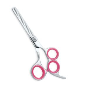 Professional stainless steel hair thinning shears featuring a unique 3-ring triple loop handle design, a single serrated blade with precision texturizing teeth, a smooth silver tension pivot screw, removable pink rubber comfort inserts inside all three handle loops, an integrated curved finger rest tang, and a hot pink rubber bumper silencer, shown in 35.jpg against a clean white background.