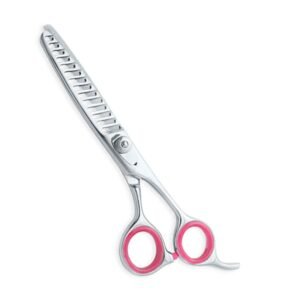 Professional stainless steel hair thinning shears featuring a chunking style blade with curved, widely spaced texturizing teeth, a smooth silver tension pivot screw, ergonomic offset handle loops with removable pink rubber comfort inserts, an integrated curved finger rest tang, and a hot pink rubber bumper silencer, shown in 38.jpg against a clean white background.