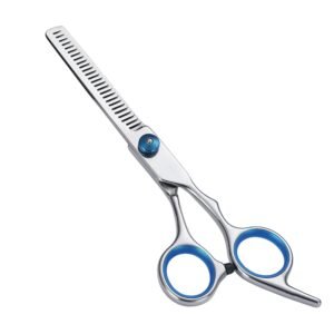 Professional stainless steel hair thinning shears featuring a chunking style blade with wide, deeply spaced texturizing teeth, a raised metallic blue tension adjustment knob, ergonomic offset handle loops with removable medium blue rubber comfort inserts, an integrated curved finger rest tang, and a black rubber bumper silencer, shown in 39.jpg against a solid white background.