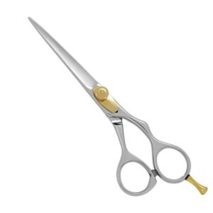 Professional stainless steel hair cutting shears with a high-polish satin metallic finish, featuring a prominent gold-plated tension adjustment screw assembly, an ergonomic offset handle design, a removable polished gold finger rest tang, and a dark rubber silencer bumper, shown in 4.jpg against a clean white background.