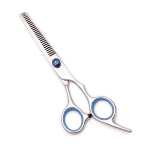 Professional Stainless Steel Offset Chunking Thinning Scissors with Blue Tension Dial and Finger Inserts