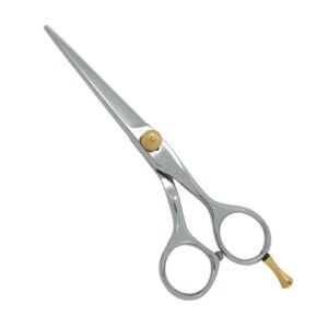 Professional stainless steel hair cutting shears featuring a high-polish metallic silver finish, a small round gold adjustment tension screw, a matching removable gold finger rest tang, and a dark rubber bumper silencer between the symmetric handle loops, shown in 5.jpg against a clean white background.