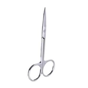 Stainless steel straight surgical scissors with a polished silver finish, isolated on a white background.