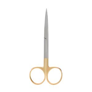 Tungsten Carbide straight surgical scissors featuring a satin silver blade finish and premium gold-coated finger loops, shown in 53.jpg on a pure white background.