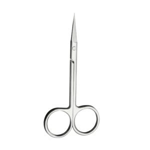 Professional matte finish stainless steel straight iris scissors isolated on a solid white background, as pictured in