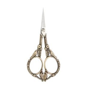 Ornate antique bronze-finished embroidery scissors featuring detailed bird and floral handle engravings with straight stainless steel blades, isolated on a white background as seen in 60.jpg.