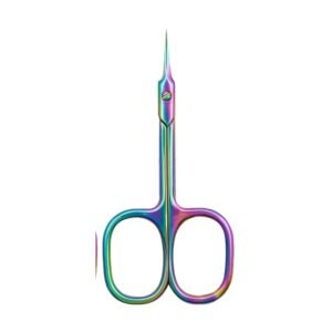 Multi-color rainbow titanium-coated cuticle scissors with curved, ultra-fine tips and wide finger loops, isolated on a white background as displayed in 61.jpg.
