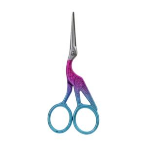 Stork or crane-shaped precision scissors featuring a pink, purple, and blue gradient handle with matte silver straight blades, isolated on a white background as shown in 62.jpg.