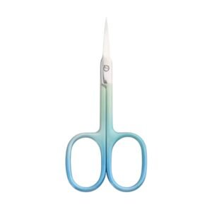 Precision cuticle scissors with an ultra-fine curved tip and a matte green-to-blue ombre gradient handle, isolated on a white background as shown in 63.jpg.