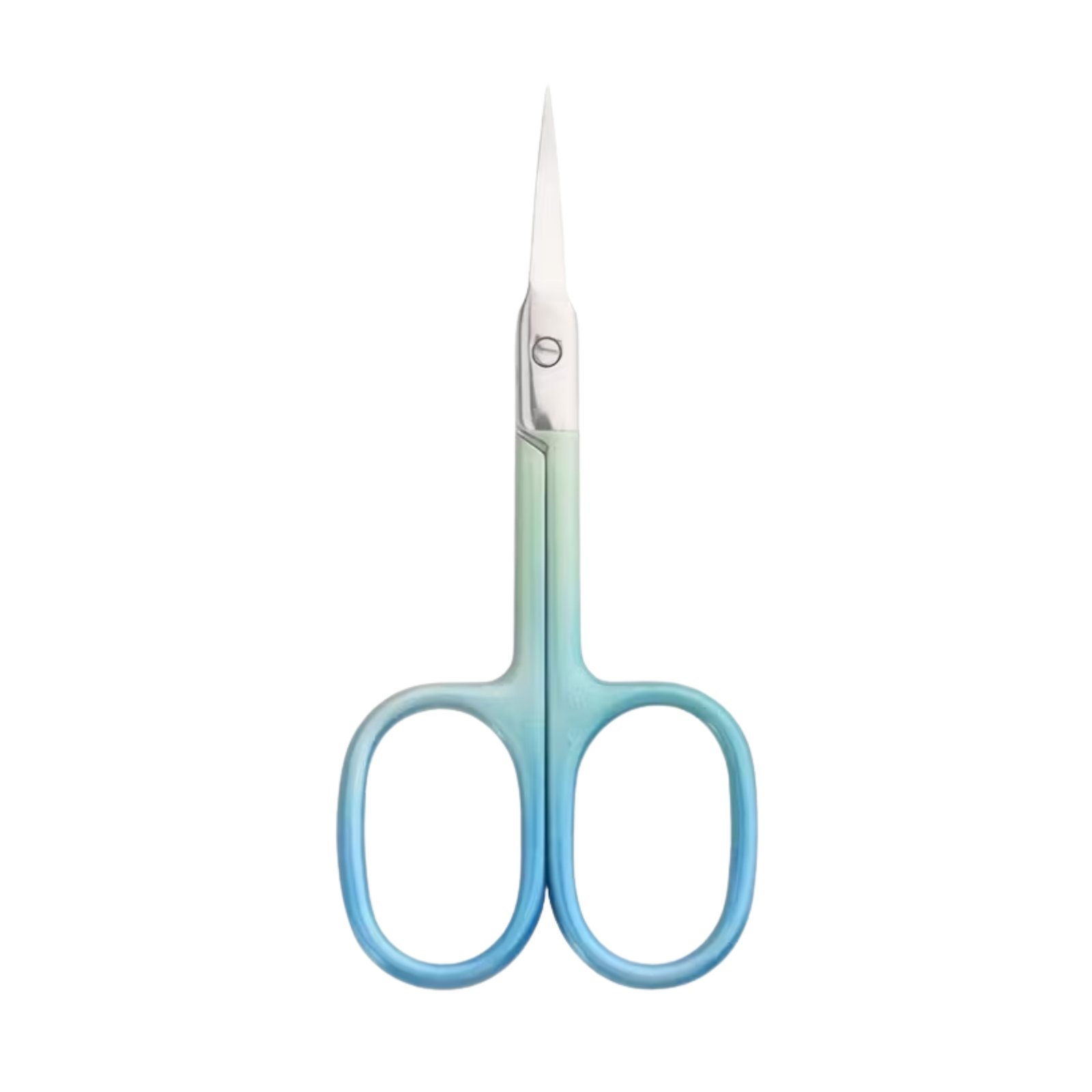 Precision cuticle scissors with an ultra-fine curved tip and a matte green-to-blue ombre gradient handle, isolated on a white background as shown in 63.jpg.
