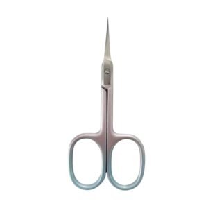 Precision cuticle scissors featuring an ultra-fine curved tip and a matte pink-to-blue ombre gradient handle, isolated on a white background as shown in 64.jpg.