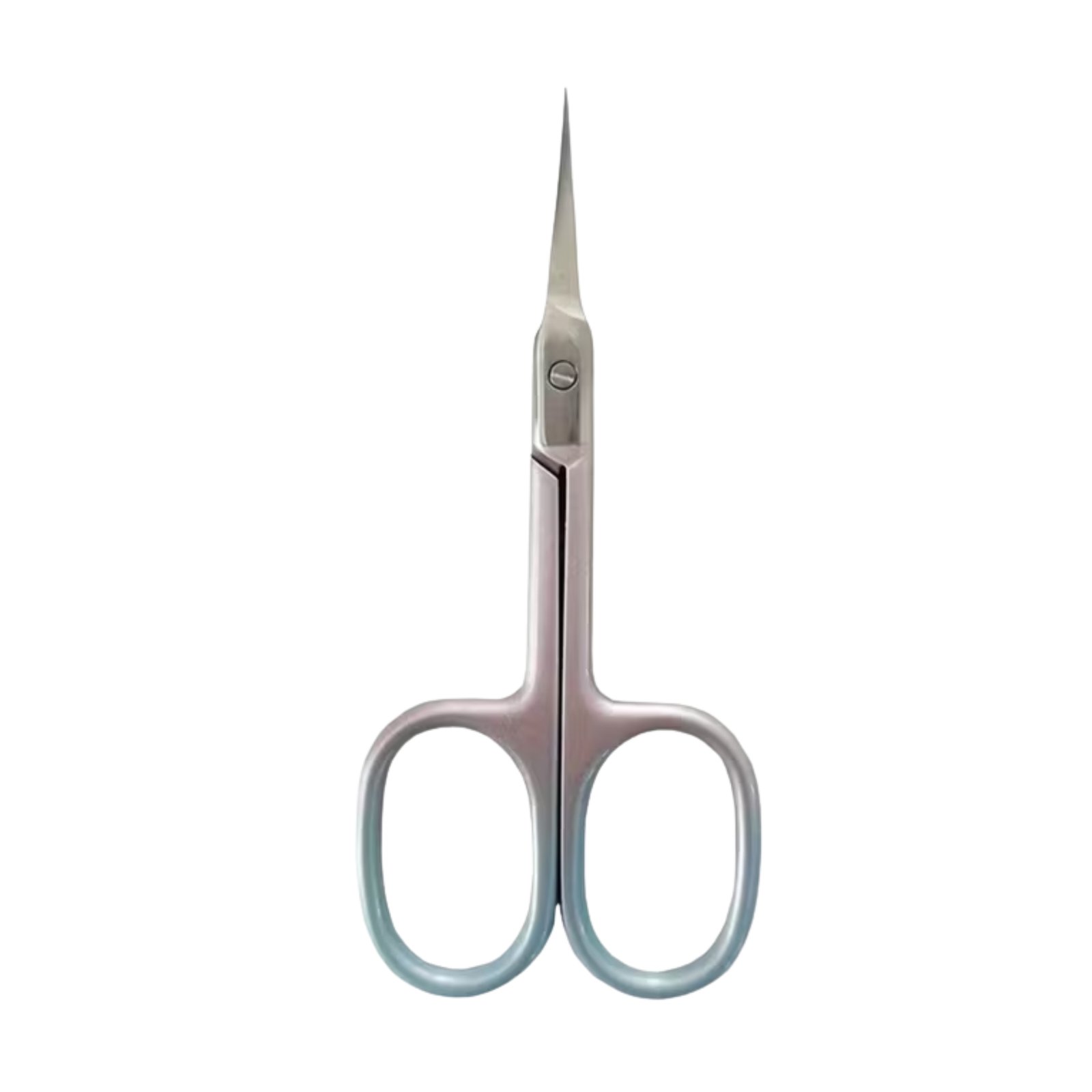 Precision cuticle scissors featuring an ultra-fine curved tip and a matte pink-to-blue ombre gradient handle, isolated on a white background as shown in 64.jpg.