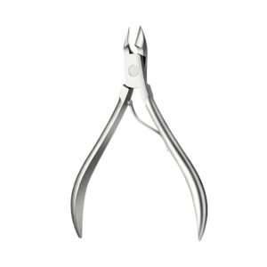 Professional stainless steel cuticle nippers with sharp precision blades and an ergonomic handle, isolated on a white background.