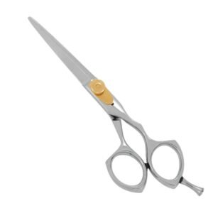 Professional stainless steel hair cutting shears with a high-polish satin chrome finish, featuring a unique geometric, angular handle design, a prominent gold-plated tension plate adjustment screw assembly, a removable matching silver finger rest tang, and a dark rubber bumper silencer, shown in 7.jpg against a clean white background.