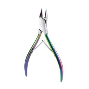 Professional stainless steel cuticle nippers featuring an eye-catching rainbow multi-chrome finish on the ergonomic handles and sharp precision jaw blades, shown in 72.jpg over a plain white background.