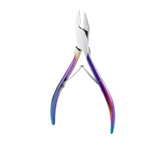 Professional heavy-duty stainless steel toenail nippers with sharp, straight precision blades and an iridescent rainbow multi-chrome handle, displayed in 73.jpg on a clean white background.
